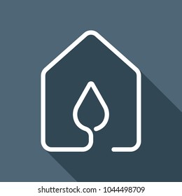 house with water drop icon. line style. White flat icon with long shadow on background