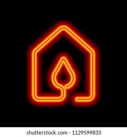 house with water drop icon. line style. Orange neon style on black background. Light icon