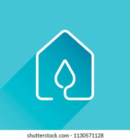 house with water drop icon. line style. Gray icon with long shadow in bottom left corner on blue background