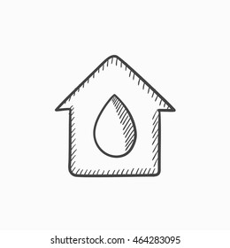 Casa con el icono de dibujo vectorial de caída de agua aislado en el fondo. Dibujar mano a la Casa con el icono de gota de agua. Icono de boceto de agua con gota de agua para infografía, sitio web o aplicación.