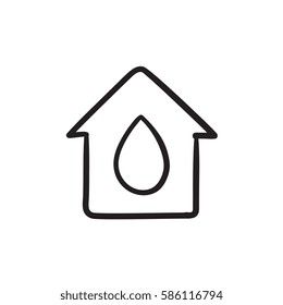 House with water drop vector sketch icon isolated on background. Hand drawn House with water drop icon. House with water drop sketch icon for infographic, website or app.