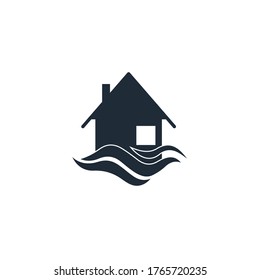 Casa en el agua. Inundación. Icono del vector aislado en fondo blanco.