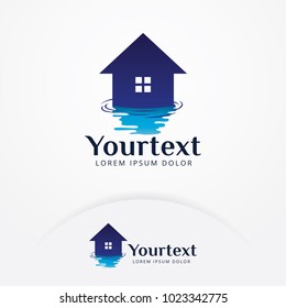 House Water Logo. Plumbing Template. Plumber Water Home Logo, Symbol, Icon Design. Reflection From A House In The Water. Vector Illustration