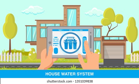 House Water System Vector Flat Banner with Text. Smart Technology. Remote Control. Water Purification. Finger Touching Tablet Screen. Modern House Vector Poster. Trees, Fence in Garden. Clouds in Sky