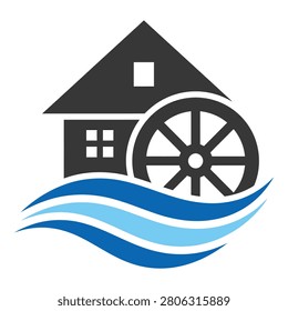 House with water wheel and waves hydroelectric power concept icon