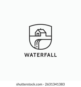 House with waterfall minimal style line art outline logo design. Simple badge house  cabin logo 