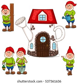 House watering can and garden gnomes.