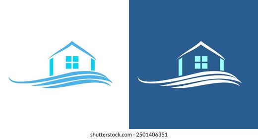 Casa con el Vector del logotipo del icono de la onda. Logo inmobiliario de la playa del agua del mar