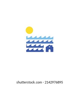 House with waves and sun, beach cottage hotel resort minimal fun colorful logo icon sign symbol design concept. Vector illustration