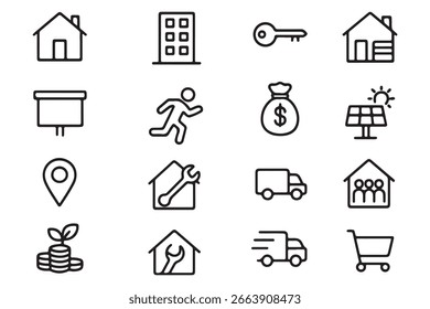 House Web Icon Set in Line Style. Collection of Real estate Linear Icons, Including home, building, buying, renting, property, address, loan, house, key, buy, sell, mortgage and more. Editable Stroke