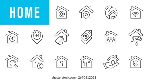 Icono de Web de la casa en estilo de línea. Colección de iconos lineales de bienes raíces, incluyendo casa, edificio, compra, alquiler, propiedad, Dirección, préstamo, casa, llave, compra, venta, hipoteca y más