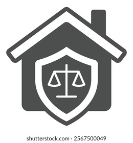 House and weight scales on emblem solid icon, justice concept. Vector graphics. Court house and libra scales shield sign on white background, glyph style icon for mobile or web design