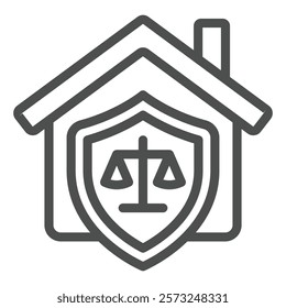 House and weight scales on emblem line icon, justice concept. Vector graphics. Court house and libra scales shield sign on white background, outline style icon for mobile or web design