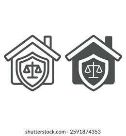 House and weight scales on emblem line and solid icon, justice concept. Vector graphics. Court house and libra scales shield sign on white background, outline style icon for mobile or web design