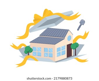 House in white gift box. Purchase of real estate or large house with trees. Investing, financial literacy. Design elements for lottery advertising or property sales. Cartoon flat vector illustration