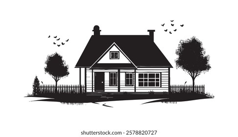 A house with a white roof and a black trim