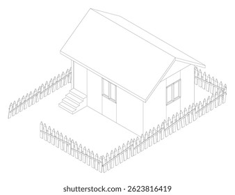 Uma casa com telhado branco e cerca branca. A casa está vazia e a cerca cheia de gente. Vista isométrica