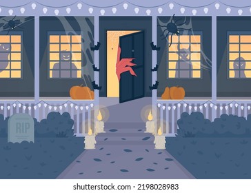 House With Wicked Monsters Flat Color Vector Illustration. Haunted Residence. Porch With Pumpkins. Halloween. Fully Editable 2D Simple Cartoon House Exterior With Spooky Decorations On Background