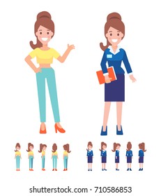 House wife and business lady vector characters isolated on white. Front, side, back view animated characters. 