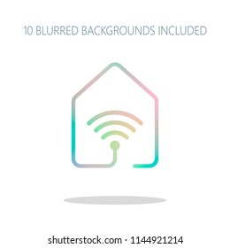 house with wifi icon. line style. Colorful logo concept with simple shadow on white. 10 different blurred backgrounds included
