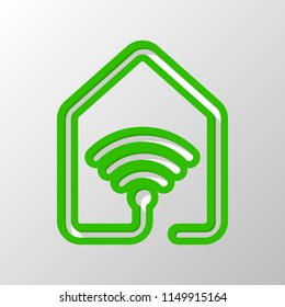 house with wifi icon. line style. Paper style. Cut symbol with green bold contour on shape and simple shadow
