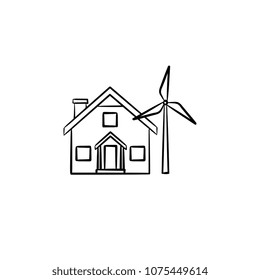 House with wind generator hand drawn doodle icon. Renewable energy concept. Building with wind turbine vector sketch illustration for print, web, mobile and infographics isolated on white background.