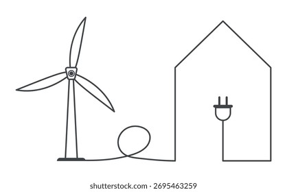 Casa con una turbina de viento. Ilustración vectorial de la generación eléctrica mediante molinos de viento.