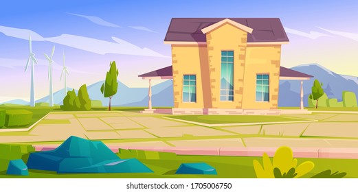 House and wind turbines. Eco friendly power generation, green energy concept. Vector cartoon landscape with mountains on background, modern cottage and windmills