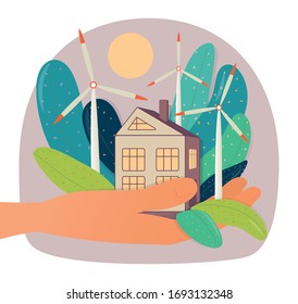 house wind turbines energy in human hand. concept flat vector illustration