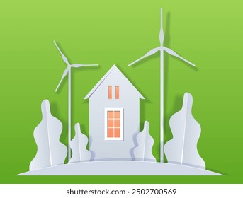 House with wind turbines renewable energy concept green background trees paper cut style