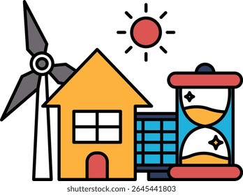 A house, a windmill, and a clock are all drawn together in a single image. The house is yellow and the windmill is blue. The clock is red and white