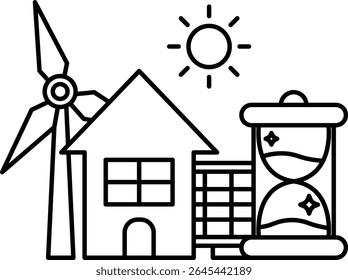 A house, a windmill, and a clock are all drawn together in a single image. The house is yellow and the windmill is blue. The clock is red and white