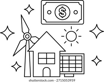 Una casa, un molino de viento y un billete de un dólar se dibujan juntos en un dibujo en blanco y negro