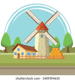 house and windmill icon cartoon rural landscape vector illustration graphic design