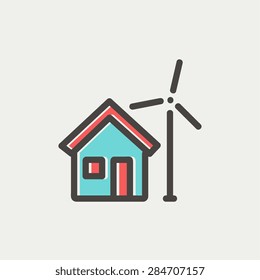 House and windmill icon thin line for web and mobile, modern minimalistic flat design. Vector icon with dark grey outline and offset colour on light grey background.