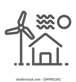 House with windmill line icon, real estate and home, ecology sign vector graphics, a linear pattern on a white background, eps 10.