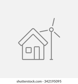 Casa con icono de línea de molino de viento para web, móviles e infografías. Icono vector de gris oscuro aislado en fondo gris claro.