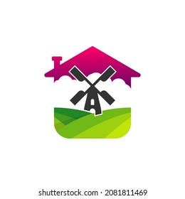 Plantilla vectorial de diseño del logotipo del molino de viento de la casa. Concepto del logotipo de Windmill creativo