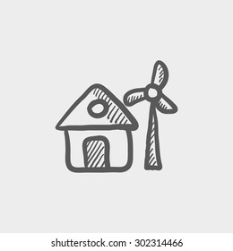 House with windmill sketch icon for web and mobile. Hand drawn vector dark grey icon on light grey background.