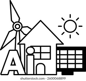 A house with a windmill and a sun on top of it In black and white line style