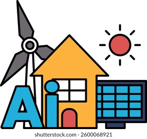 A house with a windmill and a sun on top of it. The word AI is written below the house