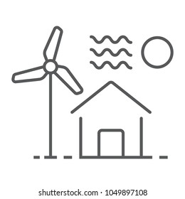 House with windmill thin line icon, real estate and home, ecology sign vector graphics, a linear pattern on a white background, eps 10.