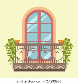 House window balcony facade retro style vector flat icon