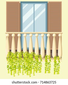House window balcony facade retro modern style vector flat icon
