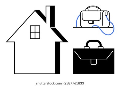 House with window and chimney, modern handbag with blue strap, classic briefcase. Ideal for work-life balance, telecommuting, real estate, business travel, home office setup, lifestyle, work culture