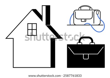 House with window and chimney, modern handbag with blue strap, classic briefcase. Ideal for work-life balance, telecommuting, real estate, business travel, home office setup, lifestyle, work culture