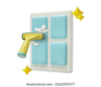 House window cleaning 3d icon with a squeegee mop and soap suds. Cleanup service cute three dimensional vector illustration isolated on white background.