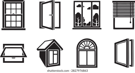 House window frame and open skylight silhouettes set