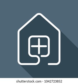 house with window icon. line style. White flat icon with long shadow on background