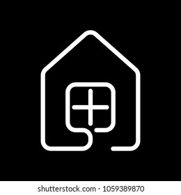 house with window icon. line style. White icon on black background. Inversion